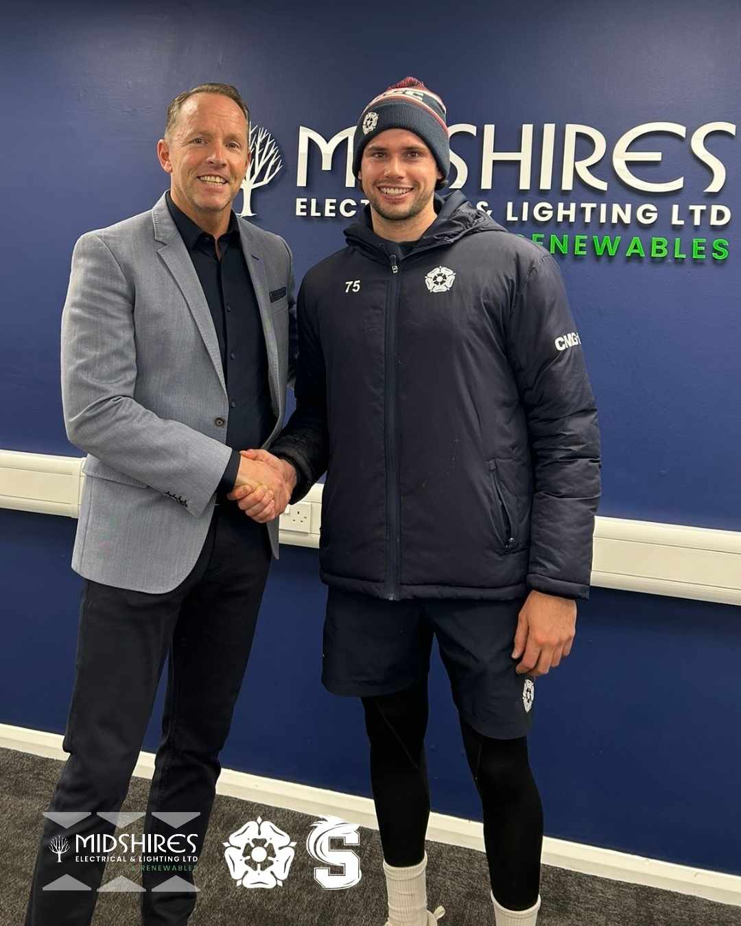 MD of Midshires, Ben, with cricketer Justin Broad from Northants County Cricket Club