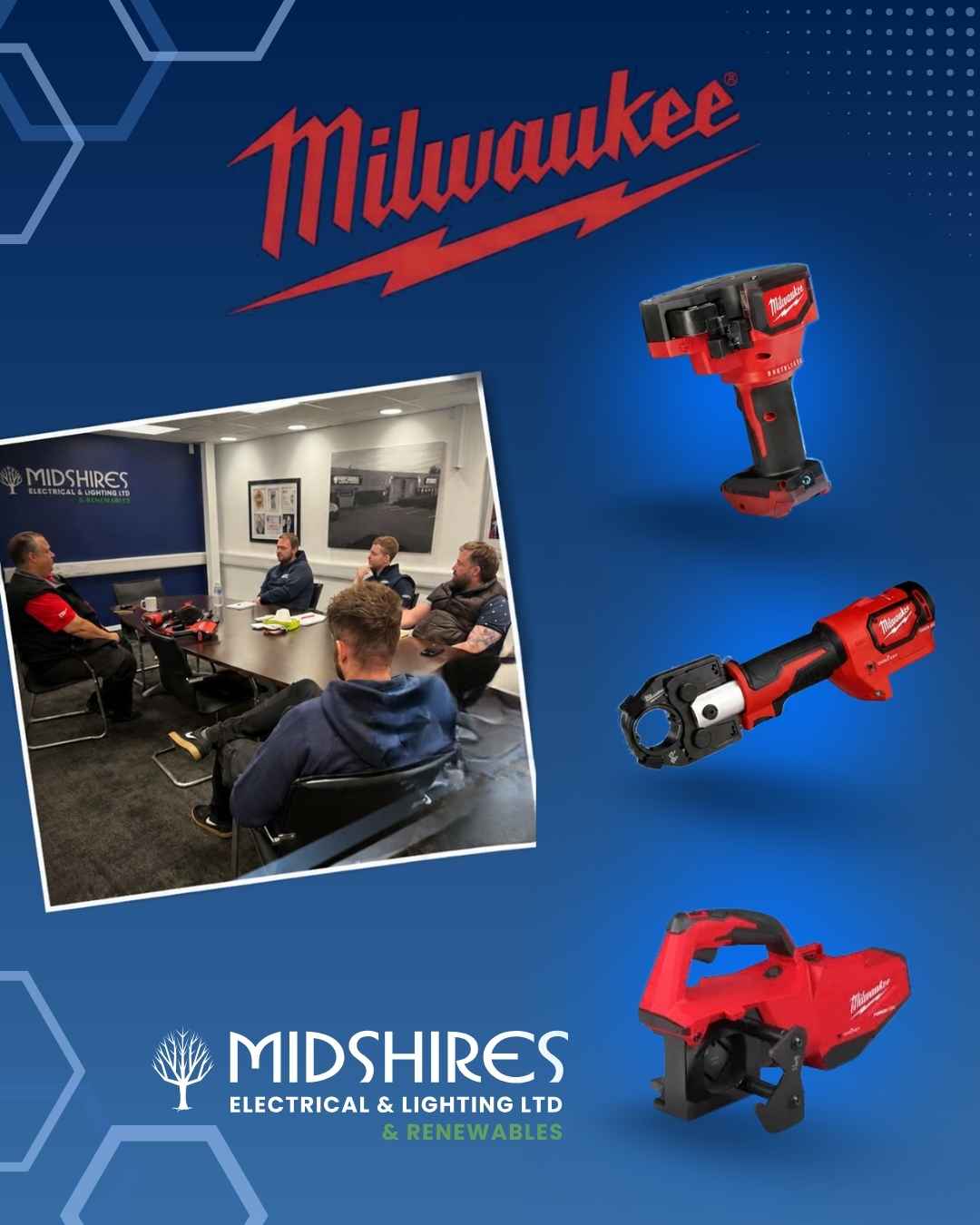 training session with Milwaukee, team photo and a selection of tools.