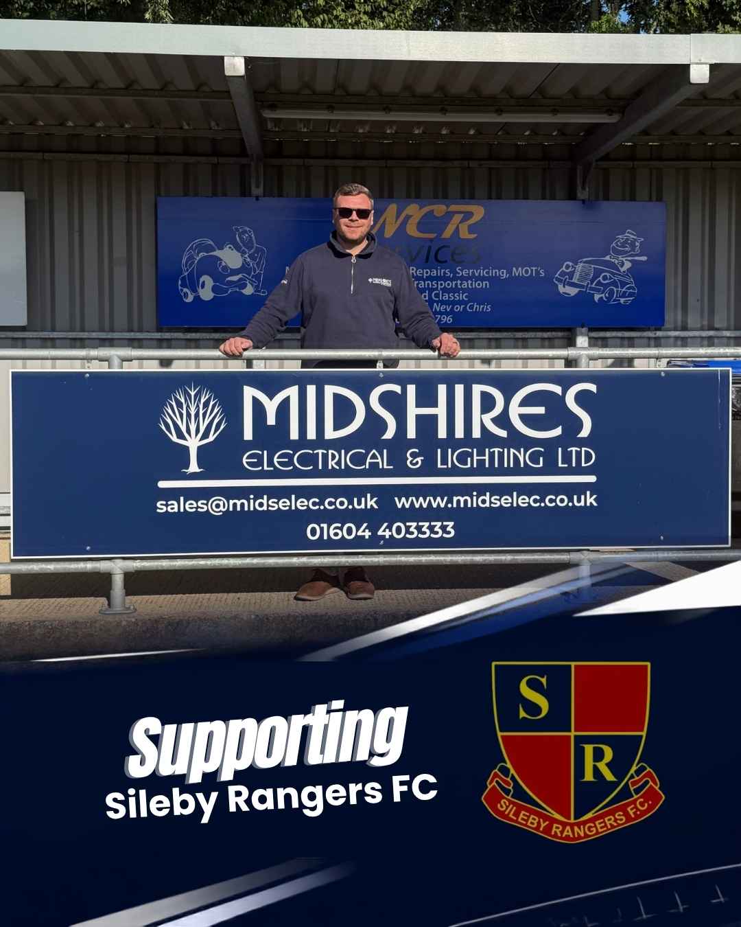 Craig pictured, with our board at Sileby Rangers Football Club